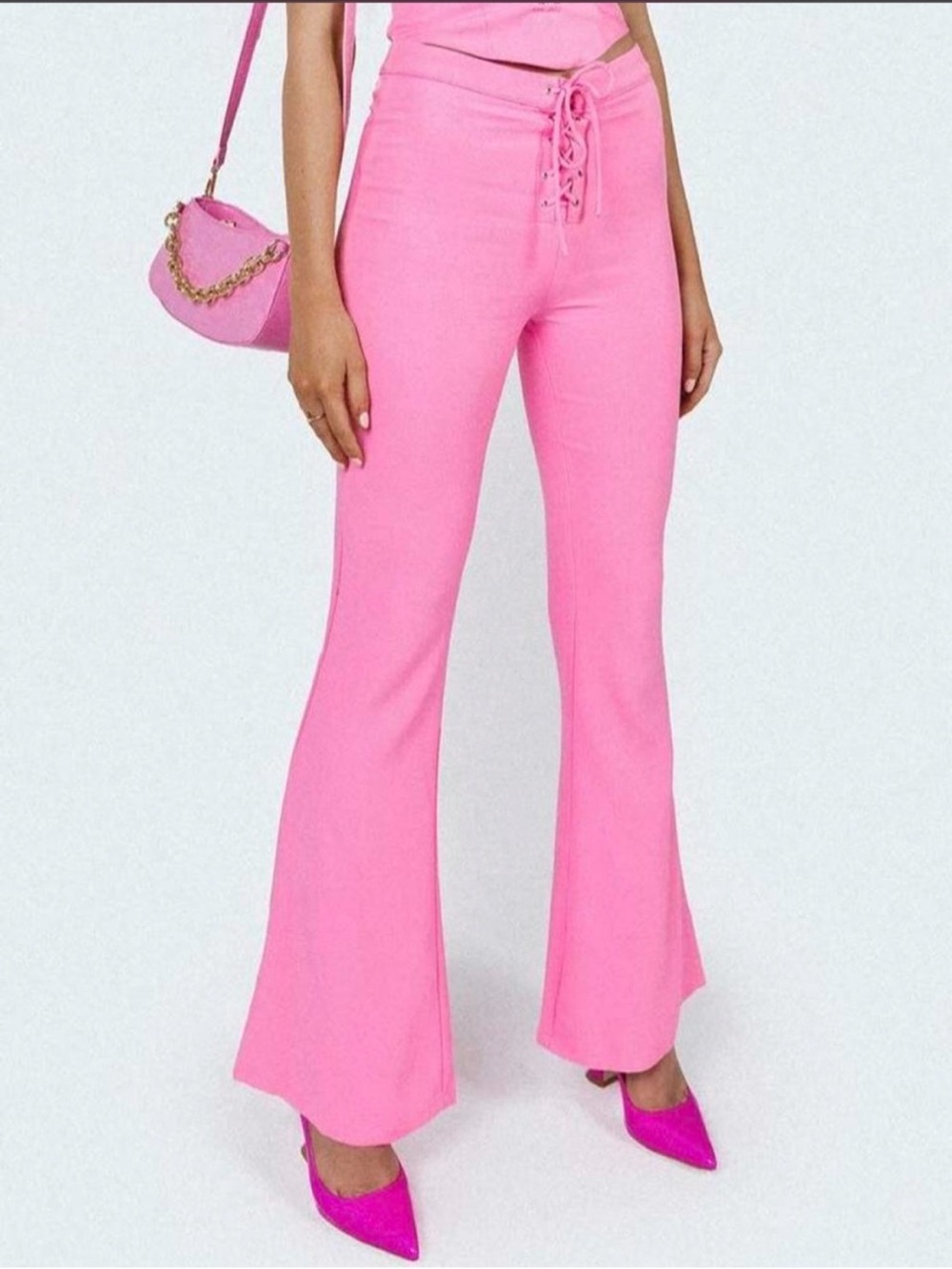 Princess Polly Marcia Flare Pants Pink Lace Up High Rise NWT Size 12